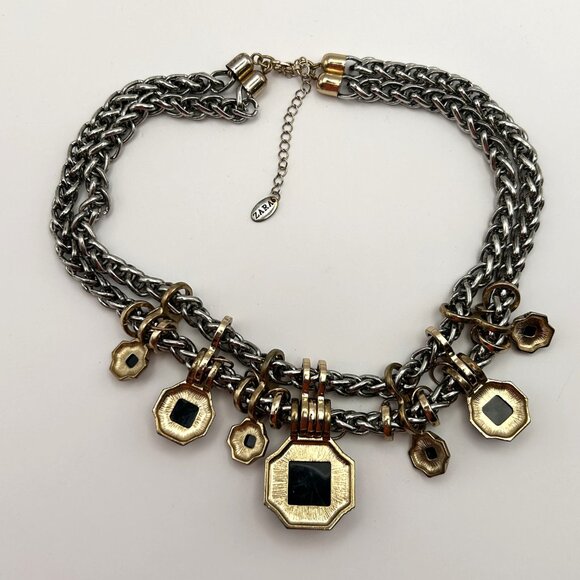 Zara Statement Necklace Silver Gold Tone Chunky Chain Geometric Charms Bold - Picture 13 of 13